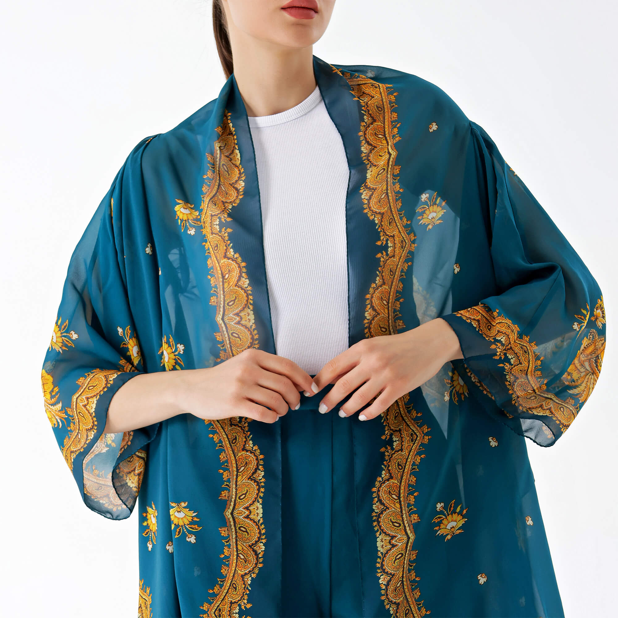 Etro-Turquoise Silk Baroque Printed Cape&Pants Set